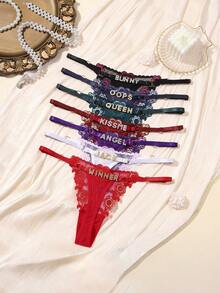 Personalized Name Crystal Letter Thong Sexy Women's Lace Bikini Panties Custom Rhinestone T-Back Triangle Underwear Personalized Gift For Girlfriend Wife Romantic Birthday Anniversary Valentine's Day Christmas Halloween Thanksgiving Honeymoon Bridal Shower Gift - Black - View 2