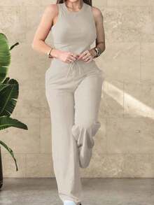2 piezas Conjunto deportivo casual de mujer, que incluye top y pantalones - Albaricoque - Ver 4