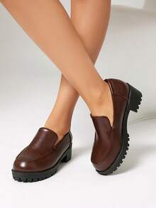 Women's Brown Oxford Shoes With Molded Soles, Low Vamp Thick Soles, Fashion Minimalist Elegant Commuting Casual Round Toe Thick Heel Mary Jane Shoes, Versatile Pair With Dresses - Brown - View 1