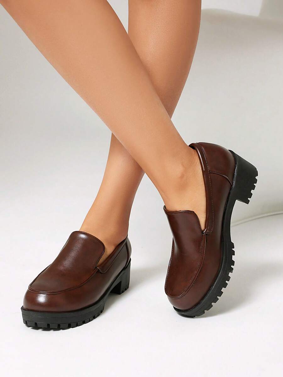 Women's Brown Oxford Shoes With Molded Soles, Low Vamp Thick Soles, Fashion Minimalist Elegant Commuting Casual Round Toe Thick Heel Mary Jane Shoes, Versatile Pair With Dresses - Brown - View 1