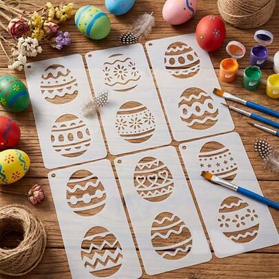 6 piezas Plantilla reutilizable para pintar huevos de Pascua con diseño de conejo, plantillas de pintura de huevos de dibujos animados para manualidades, muebles, textiles, paredes, letreros, decoración navideña