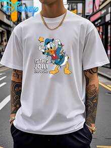 Disney- Men's "Donald Duck" Theme Disneyland Printed Cool Streetwear T-Shirt, With Scrooge Star Pattern Knot Decoration, Washable And Easy-To-Maintain Fabric, Suitable For Various Occasions, Fully Enhancing The Theme Atmosphere Of The Park - White - View 1