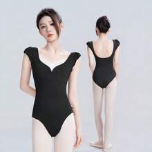Daydance1 女士芭蕾舞紧身衣 V领舞蹈紧身衣蕾丝拼接体操紧身衣成人芭蕾舞者泡泡袖芭蕾舞连体衣 - 黑色 - 查看 5