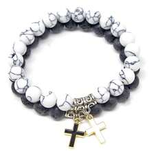 8mm Natural Stone Beaded Elastic Bracelet, Cross Couple Bracelet Set, Valentine's Day Jewelry - Cross - View 5