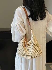2025新款镂空单肩编织沙滩包，大容量通勤手提包，适合度假 - 米色 - 查看 3