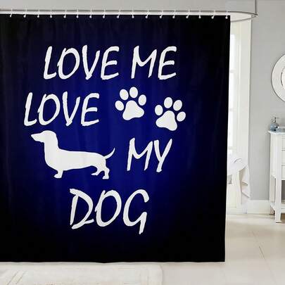 1件装腊肠犬图案浴帘，蓝黑渐变卡通爪印儿童浴帘，青少年成人适用，狗狗动物图案，现代简约风格，适用于浴室浴缸隔断，浴室配件，浴室浴帘装饰