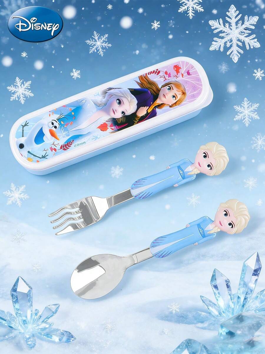 Disney 1pc Authentic Anna & Olaf Cartoon Theme Stainless Steel Cutlery Set, Includes Fork And Spoon, Comes With Portable Cutlery Box, Washable And Reusable Children's Cutlery Set - Multicolor - View 1