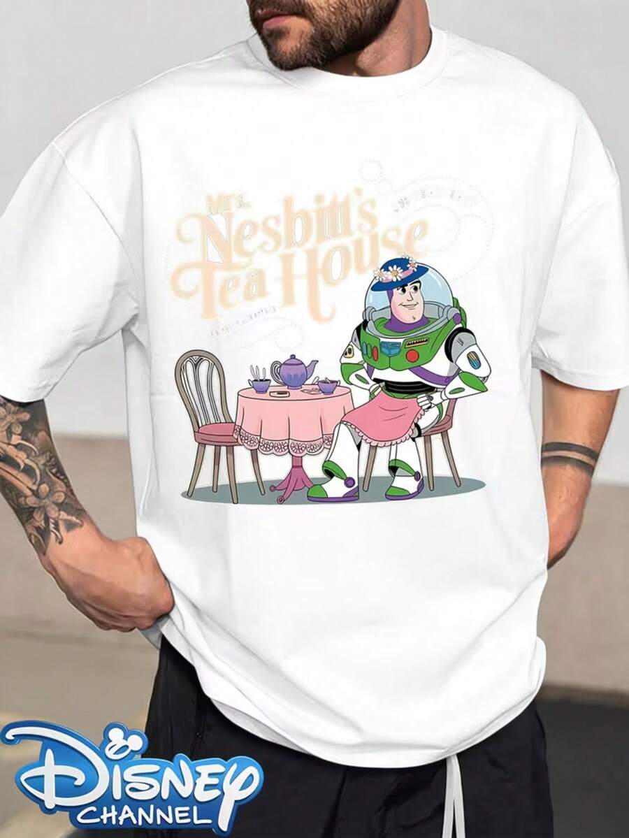 Disney Buzz Lightyear Dress-Up Lady Nesbitt Tea House Is Fun And Cute. Printed Men's T-Shirts Are Simple And Versatile In Fashion Design, And They Sell Well In Men's Twill T-Shirts With Round Neck Design+Wrapped Summer Casual Men's T-Shirts. - White - View 1