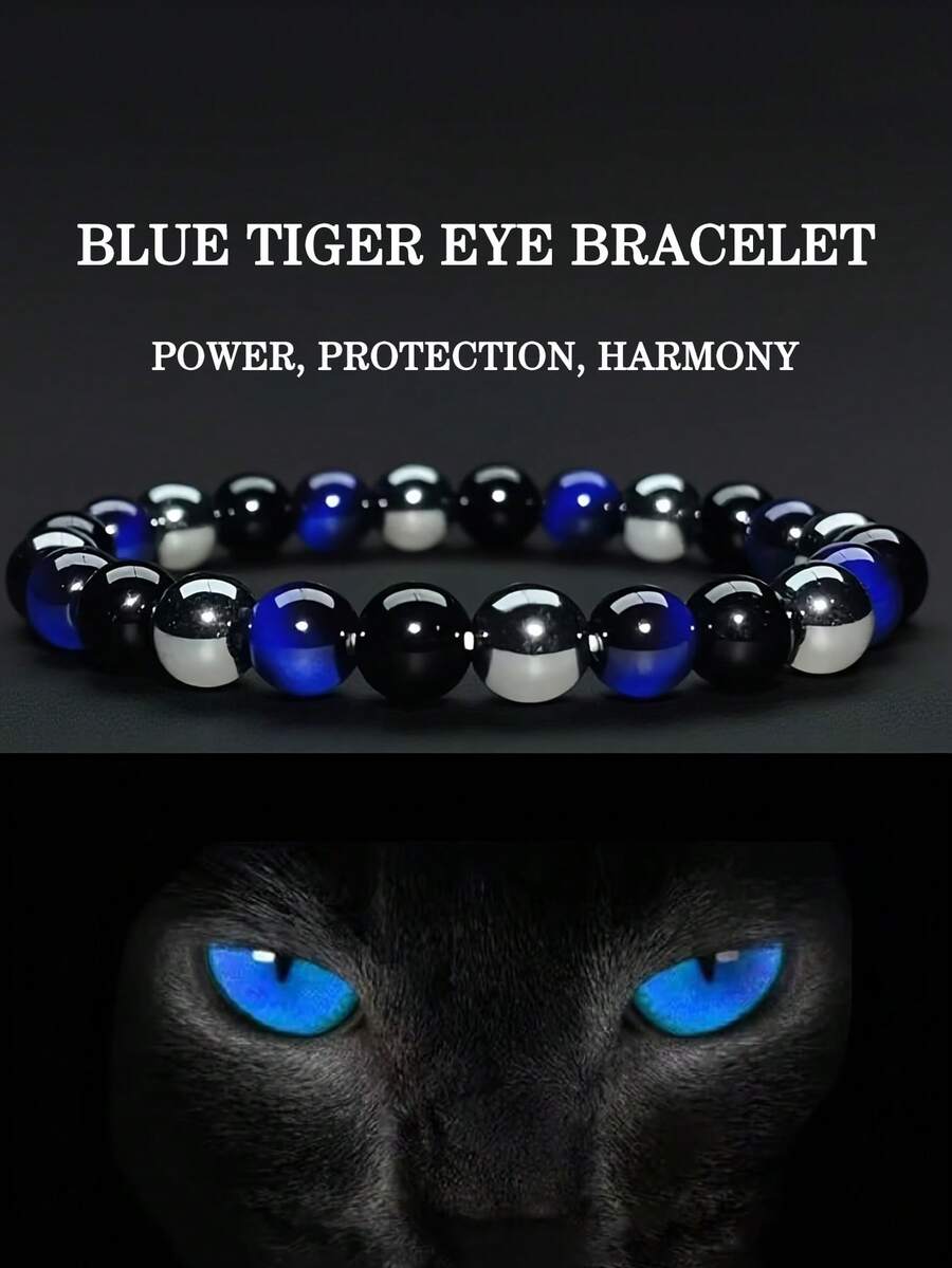 Natural Blue Tiger's Eye & Black Obsidian & Hematite & Triple Protection Bracelet, Good Luck, Confidence, Courage, Bohemian Style Spiritual Jewelry Gifts For Men Women - Multicolor - View 1