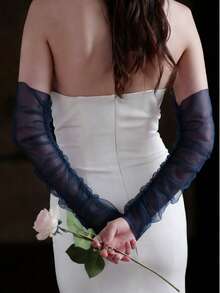 1 Pair Navy Blue Long Bride Arm Sleeves, Wedding Party Formal Dress Accessory - Navy Blue - View 3