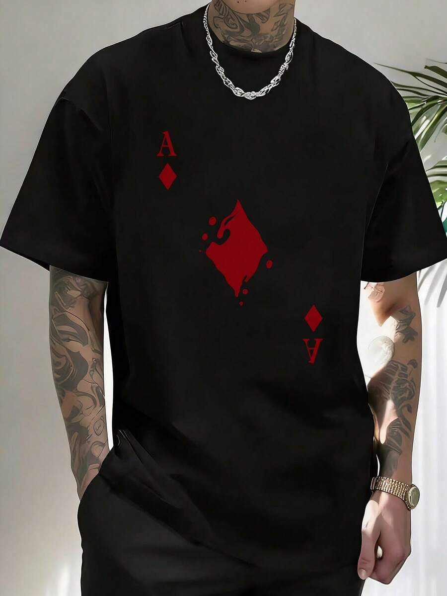Men's Minimalist Playing Card Print Short Sleeve T-Shirt, Comfortable & Breathable, Suitable For Summer, Leading Fashion