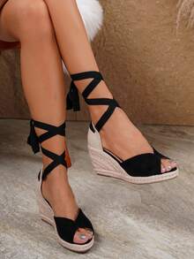 女士休闲度假编织草绳底坡跟厚底凉鞋 - 黑色 - 查看 6