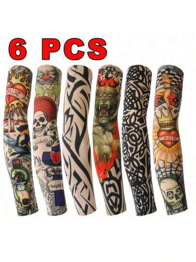 6 piezas Mangas de brazo de moda, mangas impresas sin costuras para protección solar, estilos surtidos al azar, fundas personalizadas para tatuajes en el brazo, mangas de protección solar, mangas de decoración de tatuajes clásicos, adecuadas para ciclismo, camping, pesca y deportes