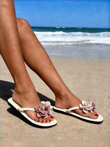 White Sandals, Women's Beach Sandals, Women's Flip Flops, New Summer Women's Double Flower Flat Sandals, Women's 3D Double Flower Sandals, Women's Slippers, Women's Flat Sandals, Slides, Elegant Women's Sandals, Minimalist Fashion Women's Flat Slippers, Women's White Sandals, Holiday Shoes, Summer Sandals, Sandals, Flip Flops, Lightweight Soft-Sole, Outdoor Holiday, Women's Flat Thong Sandals, White Thong Sandals - White - View 8