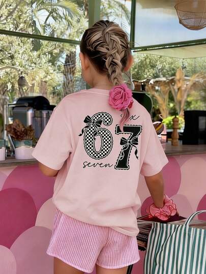 Tween Girls Casual Printed Round Neck Short Sleeve T-Shirt, Summer Top