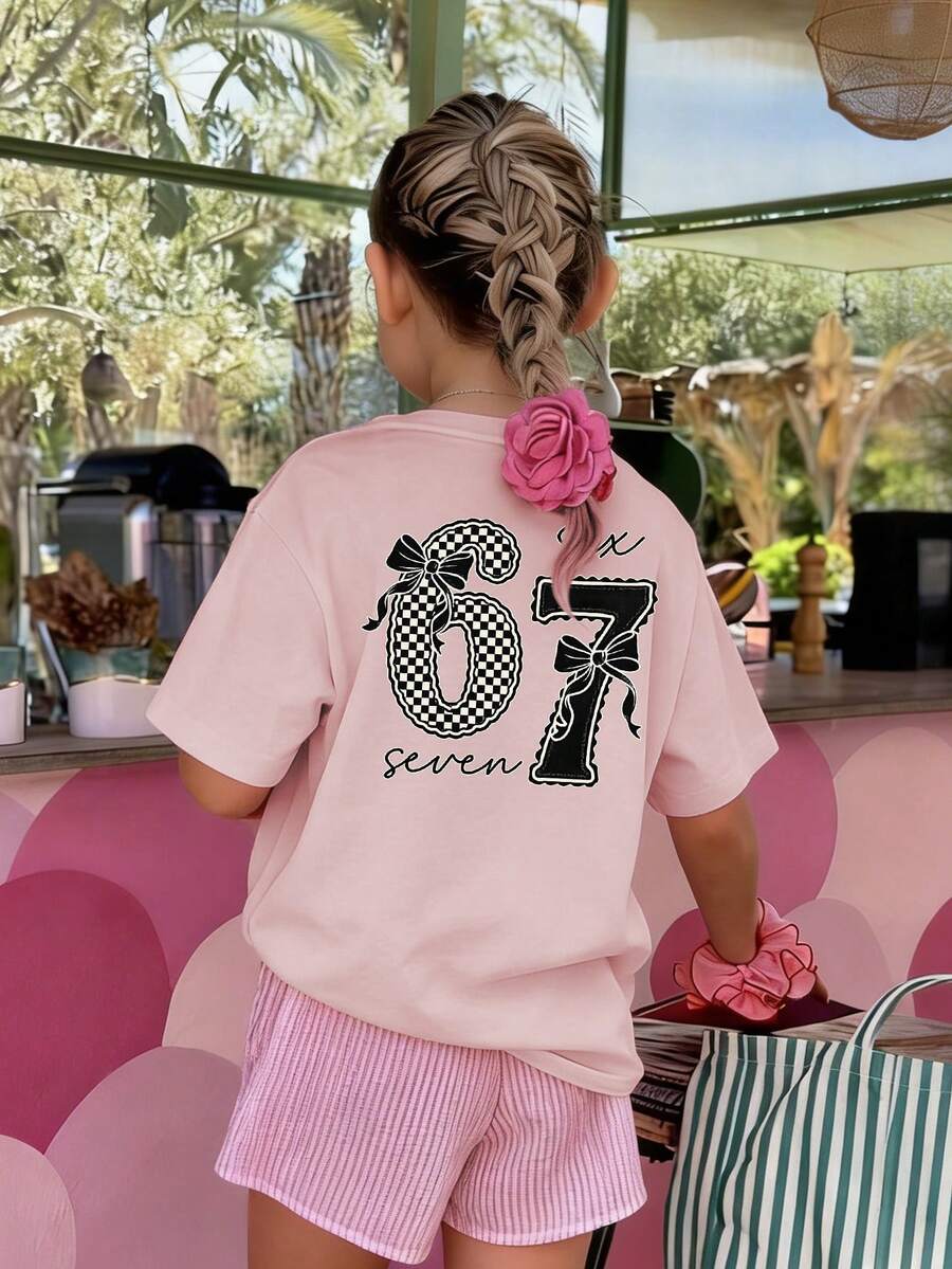 少女休闲印花圆领短袖T恤，夏季上衣 - 粉色 - 查看 1