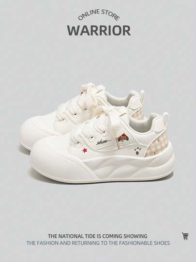 WARRIOR 1 Pair Women's Low-Top Casual Shoes With Cute Thick Soles And Colorblock Lace-Up Design