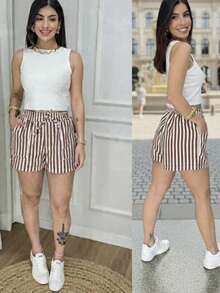 Striped Linen Shorts With Lined Pockets, Home, Beach, Night, Daily, Summer - Marrón Chocolate - Ver 5
