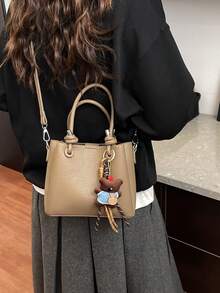 New Women's Bucket Bag With Unique Design, Featuring A Bear Charm, Solid Color, Perfect For Everyday Wear And Shopping, Versatile Shoulder Bag. - Khaki - View 4