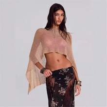 Women Sheer Mesh Poncho Top Crochet Knit Lightweight See Through Shawl Wrap Summer Oversized Loose Shrug Beachwear Swimsuit Bikini Cover Ups - 卡其色 - 查看 5
