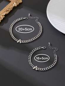 2件套经典简约字母情侣手链套装，时尚男女通用情侣首饰，情人节礼物，送给男友 - 銀色 - 查看 6