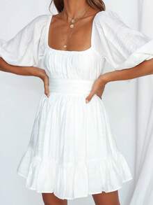 Vestido de muñeca con volantes en el bajo, unicolor para vacaciones en la playa; Falda de línea A con mangas farol, minimalista y sexy - Blanco - Ver 6