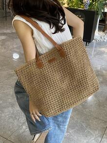 New Arrival Minimalist Hollow Straw Beach Bag, Casual Lightweight Shoulder Tote Bag For Women - Khaki - View 3