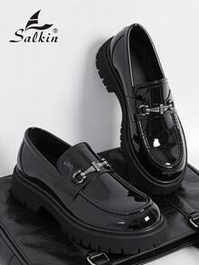 Salkin 全新英伦风设计师男士一脚蹬乐福鞋，复古气息，柔软舒适，圆头，优雅正式皮鞋，亮面漆皮，防滑厚底，适合休闲、约会、派对、婚礼、送礼。尺码偏小，请订购大一码。 - 黑色 - 查看 4