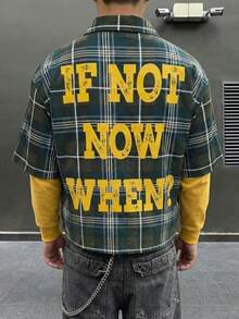 Men's Plaid Shirt, Loose Fit Green Plaid Shirt Paired With Yellow Pattern, High-End Streetwear Style Pure Cotton Top, Retro Aesthetic Clothing - Multicolor - View 4