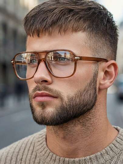 1副男士棕色方形PC镜框复古双梁极简纯色休闲眼镜