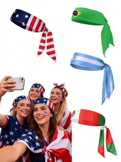 2pcs Word Cup Flag Headband, USA / Mexico / Argentina / Brazil Flag Cheerleading Headbands, Suitable For Sports Events, The World Cup, Football Fan Products, Daily Use And Party Matching, Fan Gear, Those Watching Football Matche