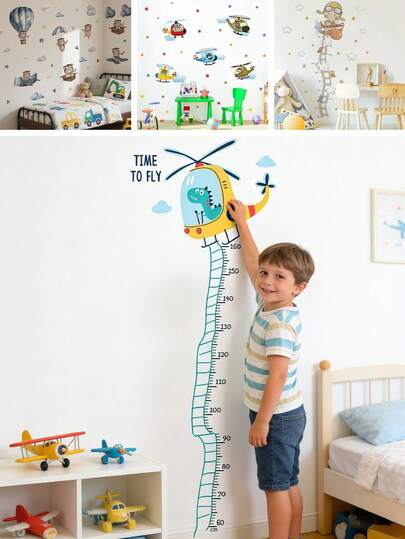 BRUP 1/2sheets/Set Cartoon Airplane Growth Chart Wall Stickers, Removable Self-Adhesive Kids Room Decorations, Suitable For Bedrooms And Nurseries, With Cloud Patterns And Cute Animal Wall Art
