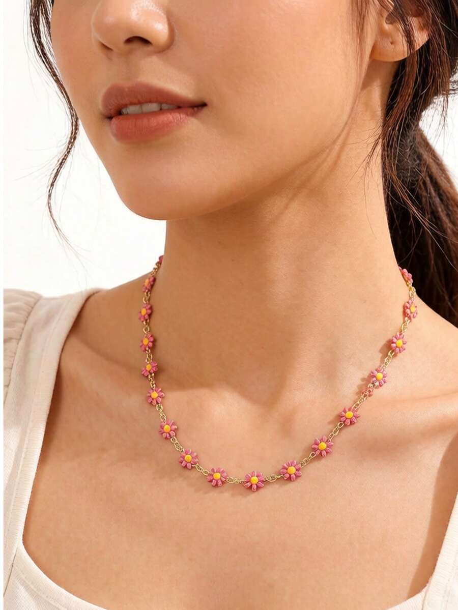 1pc Fashion Summer Drip Oil Flower Chain Necklace - Hot Pink - View 1