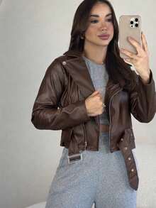Women's Premium PU Leather Bomber Jacket With Belt And Buckle | Front Zipper, Pockets And Buttons | Modern Fashion Style - 鏽棕色 - 查看 2