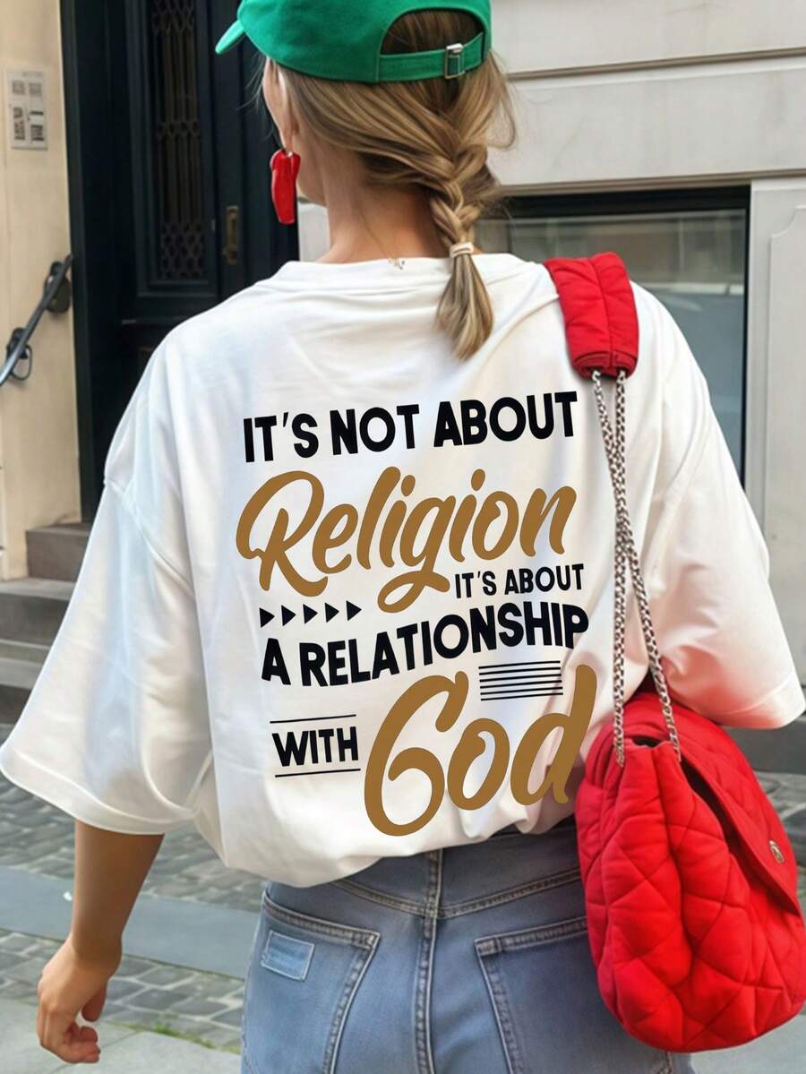 女士夏季圆领短袖T恤，基督教文化信仰主题，印有“这不是关于宗教，而是关于与上帝的关系”英文字母，适合度假、办公、外出、日常、约会、派对、聚会、街头、嘉年华等场合穿着，休闲白色。 - 白色 - 查看 1
