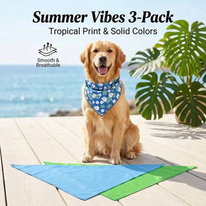 3件套加大码中/大型犬用头巾套装，热带花卉印花搭配纯蓝色和绿色，光滑透气防皱，适合金毛寻回犬、德国牧羊犬等犬种海滩出行，欧美夏季流行配饰