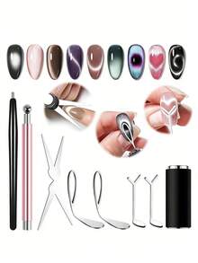 8pcs Cat Eye Magnet Set For Nails, Heart Cat-Eye Magnets Tool,3 In 1 Round Cat Eye Magnet With Ball Magnets, Magnetic Nail Art Pen, French & Black-Hole Nail Magnet Guides For Cat-Eye Nail Effect - Multicolor - View 2