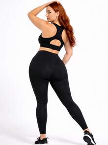 Plus Size Fitness Set For Gym With Stripes - Sizes G1 G2 G3 G4 – Thick Fabric, Super Elastane, Super High Waist, Not See-Through - 黑色 - 查看 4