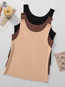 3pcs Seamless Camisole - Soft Crew Neck Seamless Basic Styles In Transparent/Semi-Transparent Colors - Multicolor - View 5