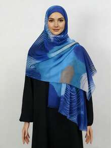 1pc Ombre Blue-Green Scarf, Headband, Hijab - Multicolor - View 3