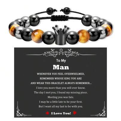 Pulsera de ojo de tigre de precisión + cuentas de corona negra, regalo perfecto para hombres en crecimiento - Pascua, cumpleaños, Día del Padre o temporada de graduación. Una pulsera que simboliza el aliento, la buena fortuna y la prosperidad. Para hijos, hombres y padres.