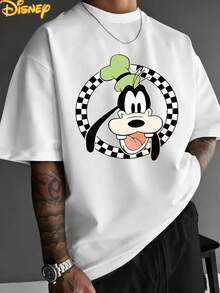 Disney Goofy'S Joyful Laugh: Black & White Gingham Round Frame Vintage Portrait Print Men'S T-Shirt | Stylish, Minimalist, Versatile, Crew Neck, Twill Fabric, Bound Edge Summer Casual Top - trắng - Xem 1