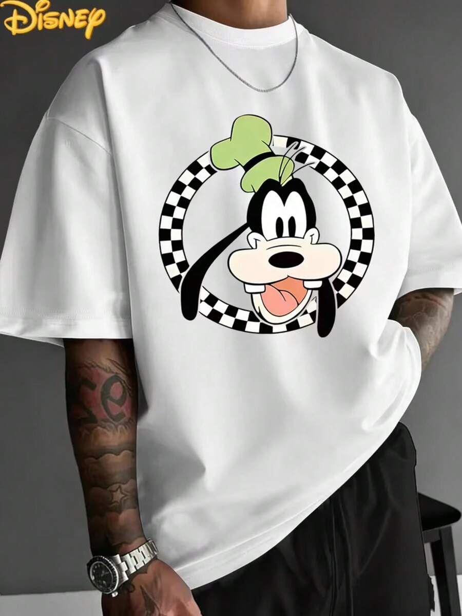 Disney Goofy'S Joyful Laugh: Black & White Gingham Round Frame Vintage Portrait Print Men'S T-Shirt | Stylish, Minimalist, Versatile, Crew Neck, Twill Fabric, Bound Edge Summer Casual Top - trắng - Xem 1