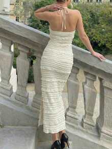 Vestido largo ajustado con cuello halter y drapeado en crema, vestido de vacaciones ajustado para citas y playa - Albaricoque - Ver 3