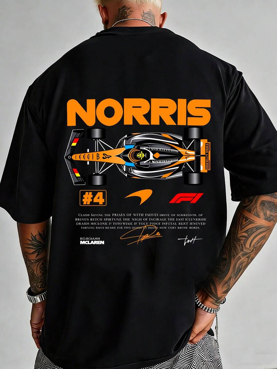 T-Shirt In F1 Racing Design With Racing Car Print, Short-Sleeved T-Shirt Made Of Pure Cotton For Men, Loose And Casual Fit, Summer Clothing, Comfortable Sweatshirt, Streetwear, A Must-Have T-Shirt For F1 Fans, Suitable For Everyday Wear, Stylish And Versatile. - 黑色 - 查看 1