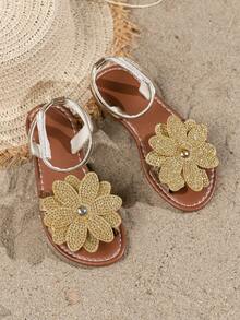 1 Pair Gold Glitter Diamond Pattern Children's Sandals, Suitable For Summer Wear. Roman Style Sandals, Bohemian Style Sandals. Girls Beach Sandals, Girls Sandals, Children's Hook And Loop Sandals, Beach Shoes And Children's Shoes. - Rose Gold - View 1