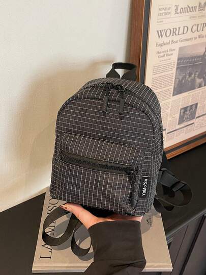 1pc Lightweight Kids Plaid Backpack, Minimalist Contrast Color School Bag