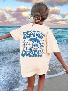 Tween Girls Students Casual Printed Round Neck Short Sleeve T-Shirt, Summer Top - Apricot - View 1