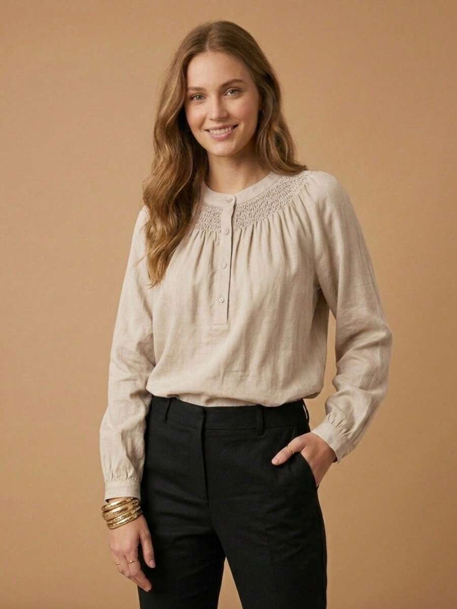 Women's Long-Sleeved Blouse / With Details On The Collar / With Functional Buttons / Super Elegant / S2313 Knitted Button - 杏色 - 查看 1