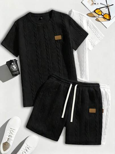 Conjunto de pantalón corto y camisa de manga corta con estampado jacquard para hombres, estilo callejero suelto y cómodo, conjunto casual de verano para vacaciones